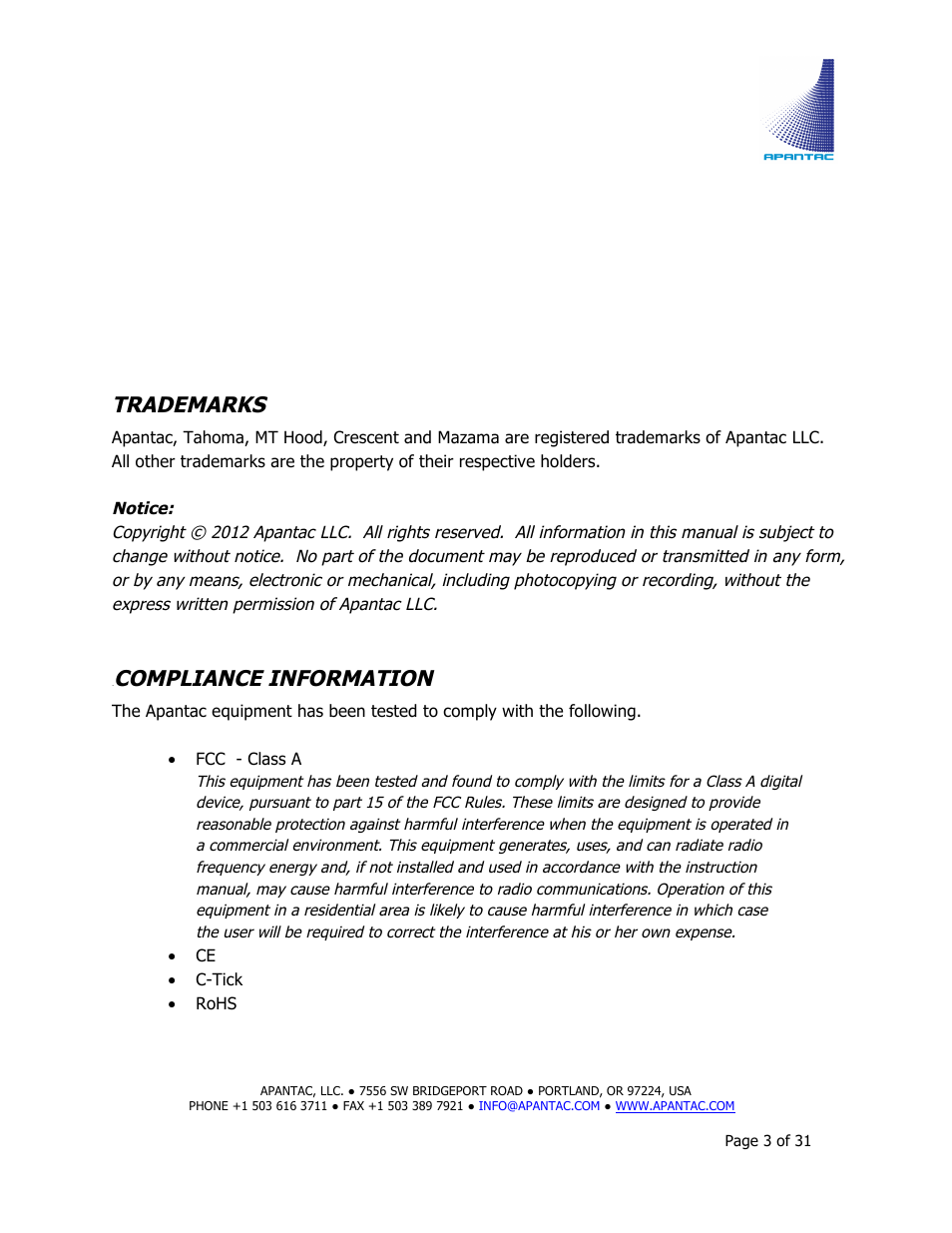 Trademarks, Compliance information | Apantac MiniQ User Manual | Page 3 / 31