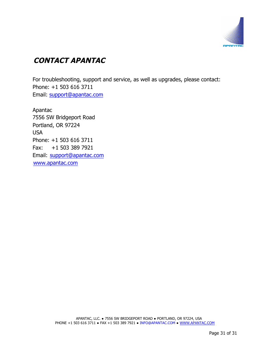 Contact apantac | Apantac MiniQ User Manual | Page 31 / 31