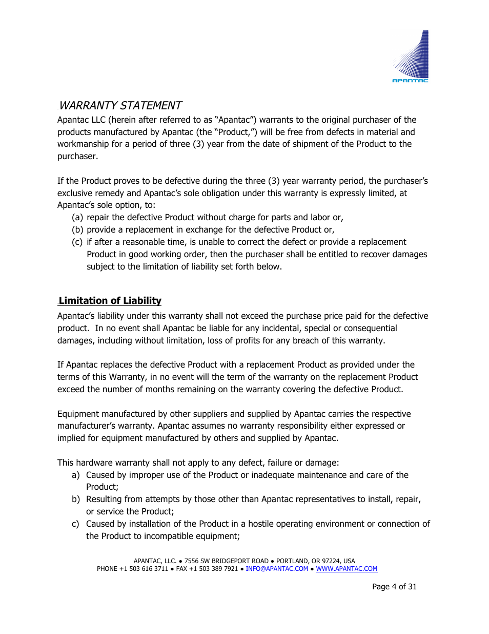 Warranty statement | Apantac MiniQ User Manual | Page 4 / 31