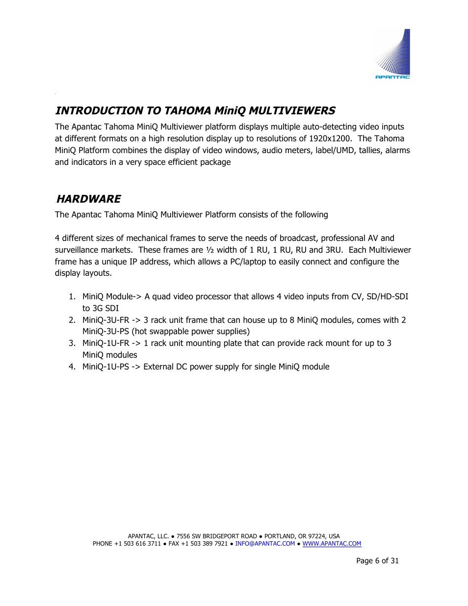 Introduction to tahoma miniq multiviewers, Hardware | Apantac MiniQ User Manual | Page 6 / 31