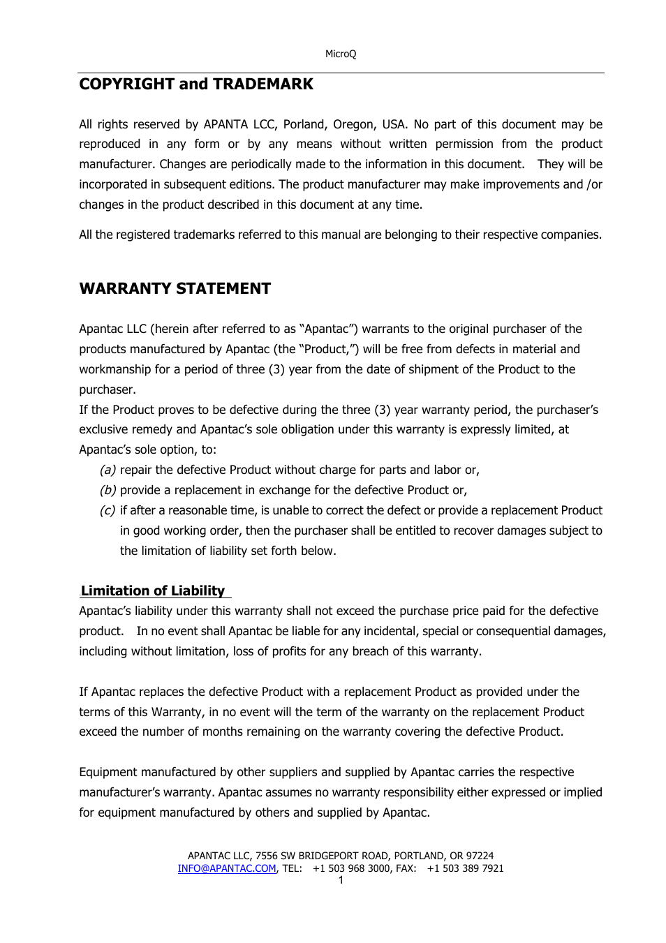 Copyright and trademark, Warranty statement | Apantac MicroQ User Manual | Page 2 / 39