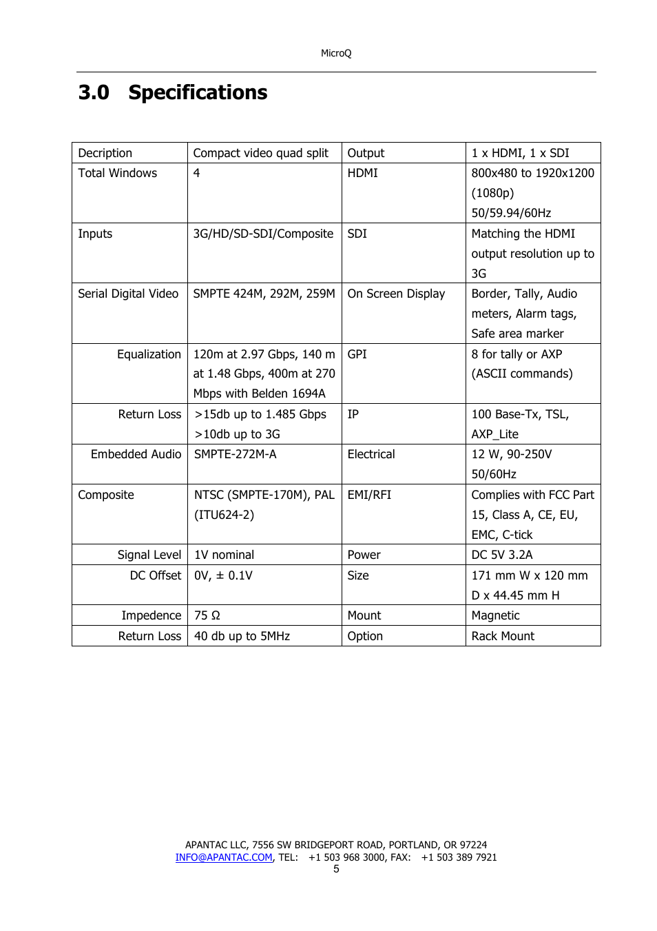 0 specifications | Apantac MicroQ User Manual | Page 6 / 39