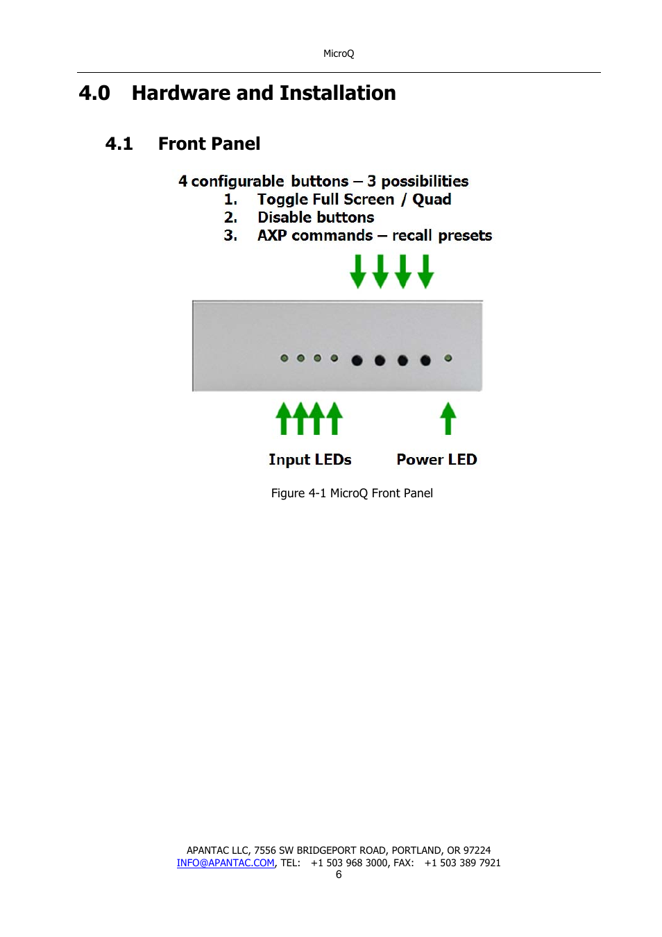 0 hardware and installation, 1 front panel | Apantac MicroQ User Manual | Page 7 / 39