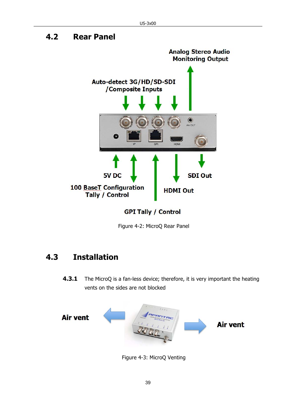 2 rear panel, 3 installation | Apantac MicroQ User Manual | Page 8 / 39