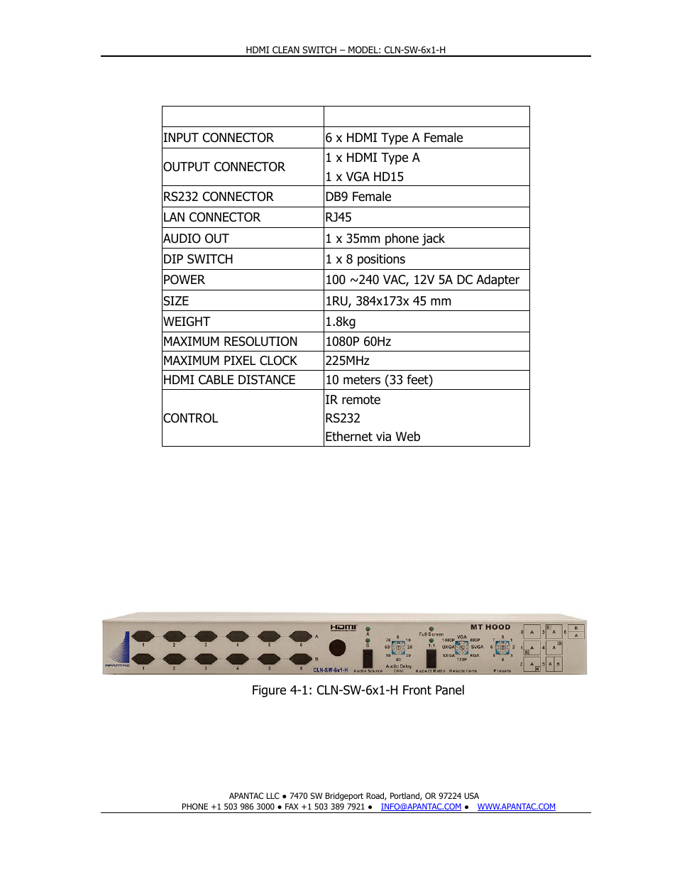 0 specifications, 0 front/rear panels, Front panel | Apantac CLN-SW-6x1-H User Manual | Page 6 / 15