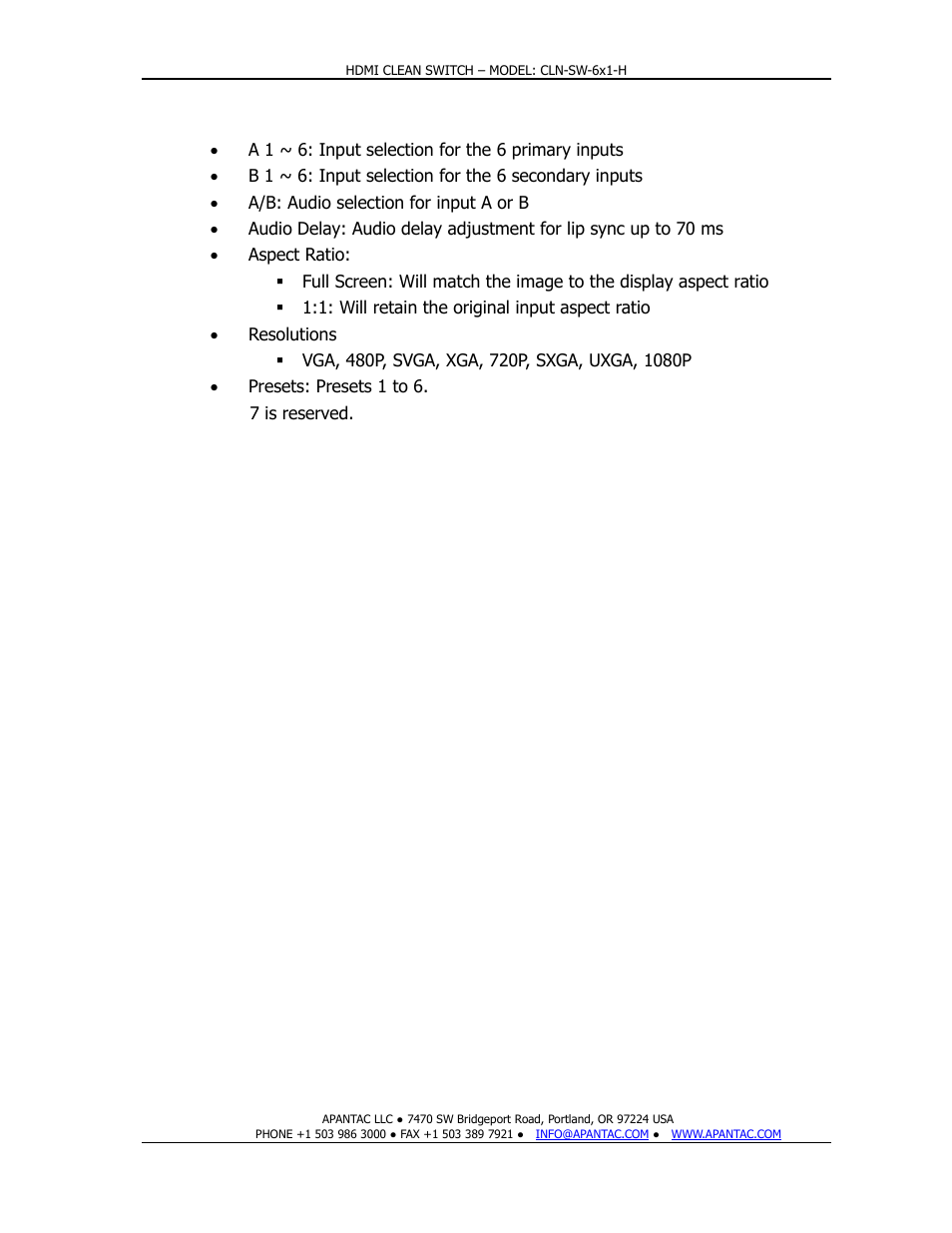 2 button descriptions | Apantac CLN-SW-6x1-H User Manual | Page 7 / 15