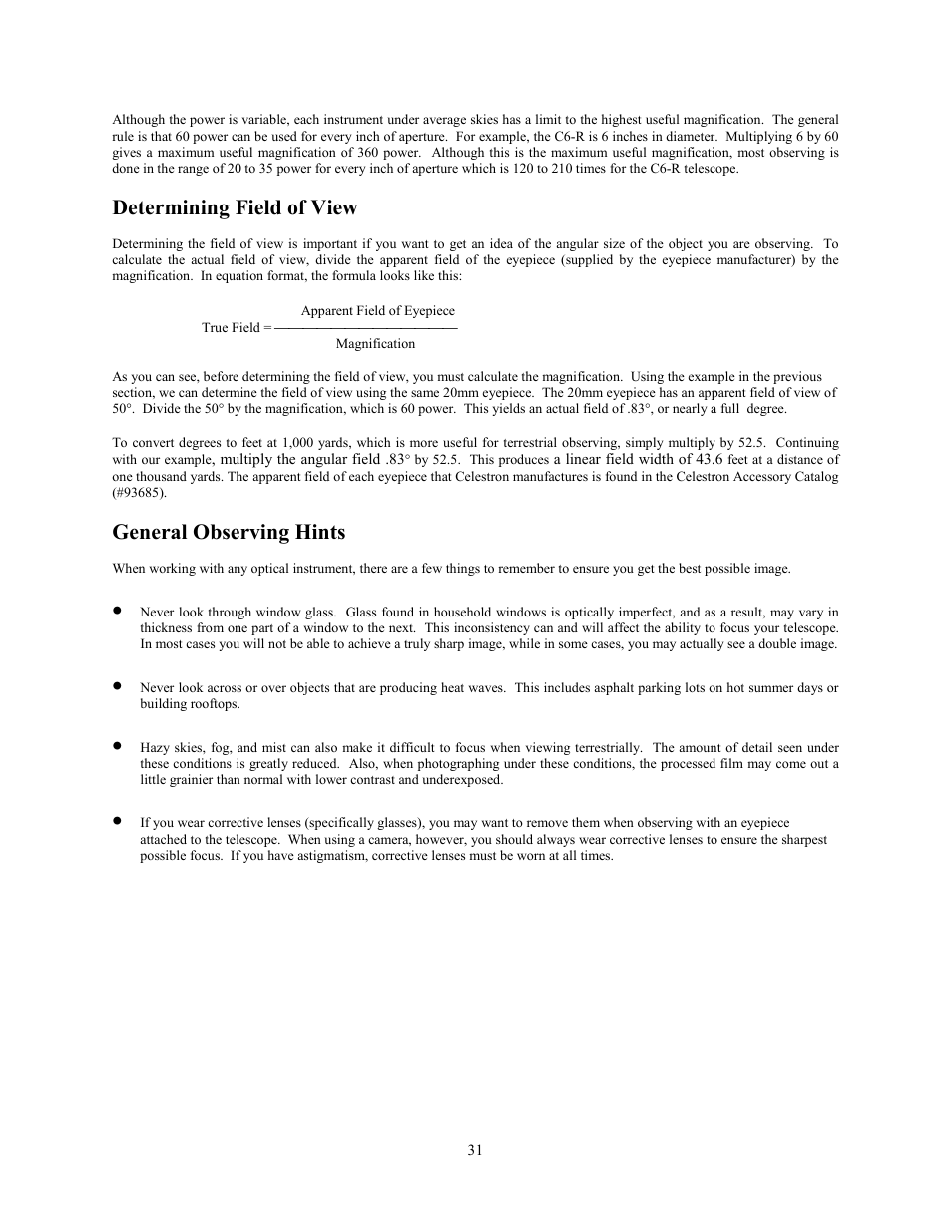 Determining field of view, General observing hints | Celestron Advanced Series C6-R User Manual | Page 31 / 69