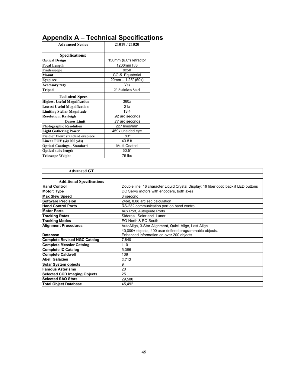 Appendix a – technical specifications | Celestron Advanced Series C6-R User Manual | Page 49 / 69