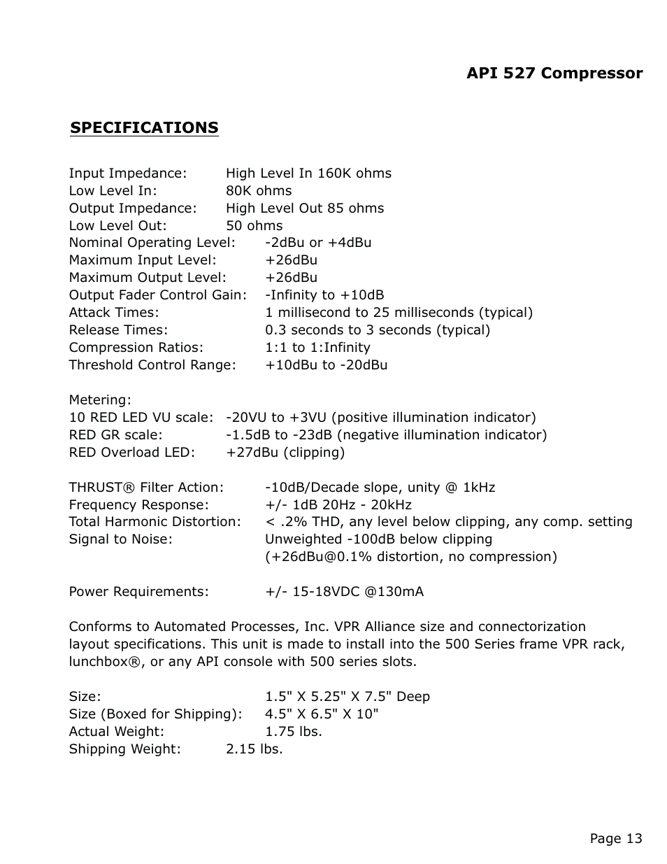 API Audio 527 Compressor User Manual | Page 14 / 15