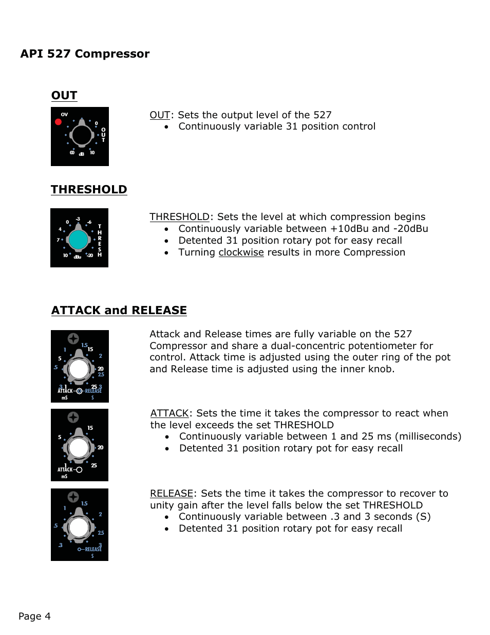 Api 527 compressor, Threshold, Attack and release | API Audio 527 Compressor User Manual | Page 5 / 15