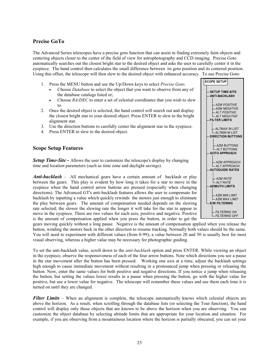 Precise goto, Scope setup features | Celestron Advanced Series C5-S User Manual | Page 25 / 72