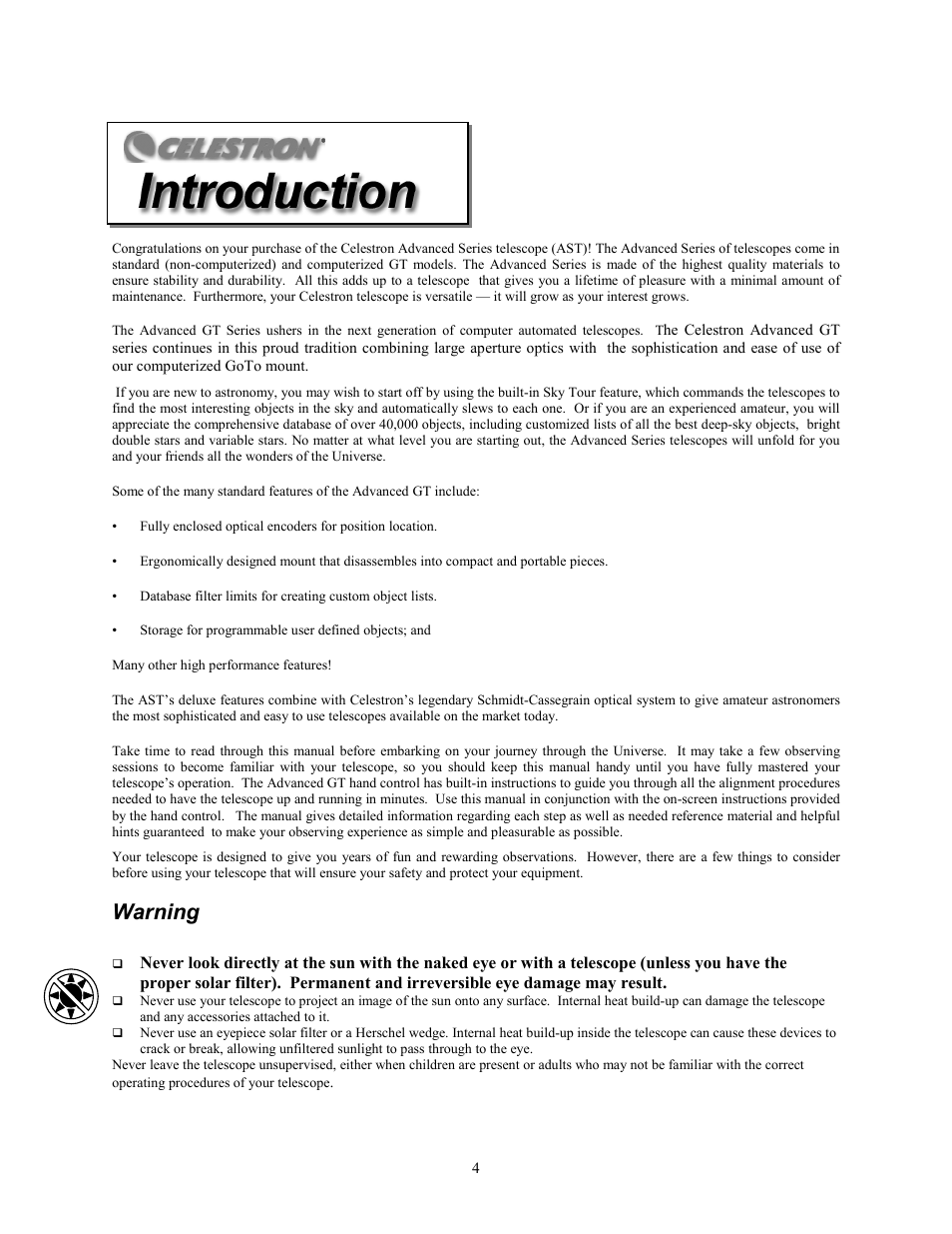 Warning | Celestron Advanced Series C5-S User Manual | Page 4 / 72