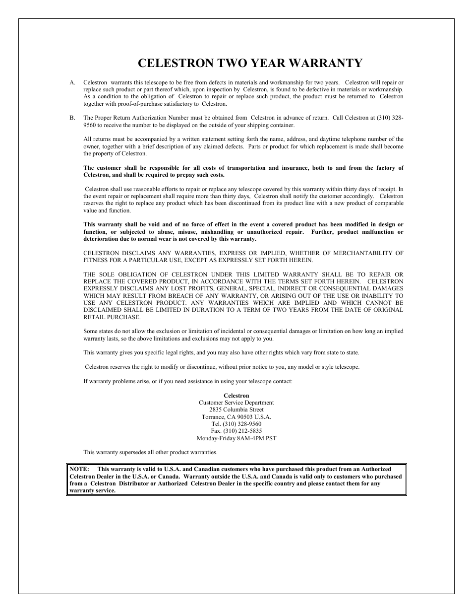 Celestron two year warranty | Celestron Advanced Series C5-S User Manual | Page 71 / 72
