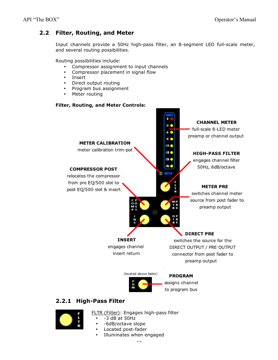 2 filter, routing, and meter, 1 high-pass filter | API Audio THE BOX User Manual | Page 14 / 97
