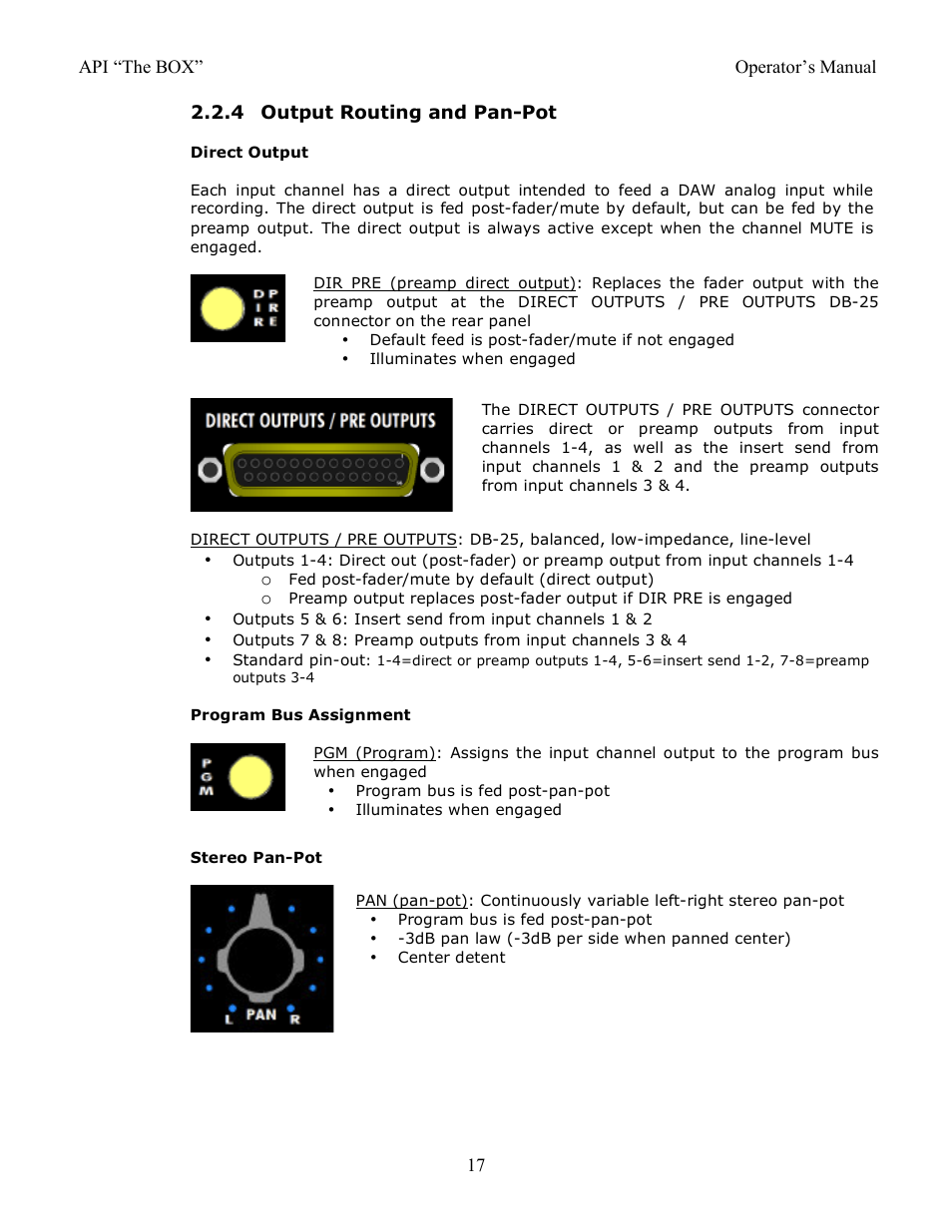 4 output routing and pan-pot | API Audio THE BOX User Manual | Page 17 / 97