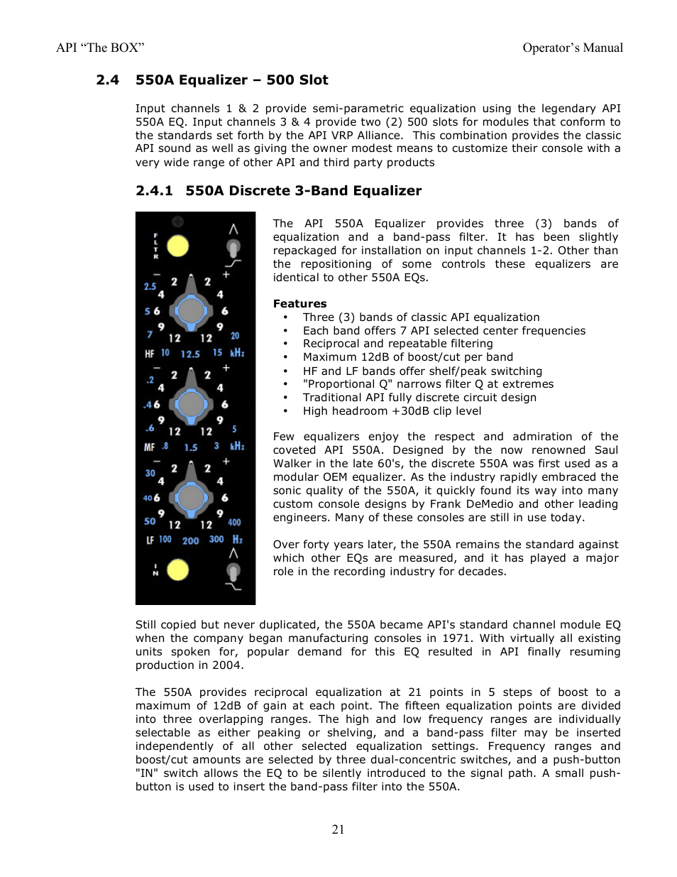4 550a equalizer – 500 slot, 1 550a discrete 3-band equalizer | API Audio THE BOX User Manual | Page 21 / 97