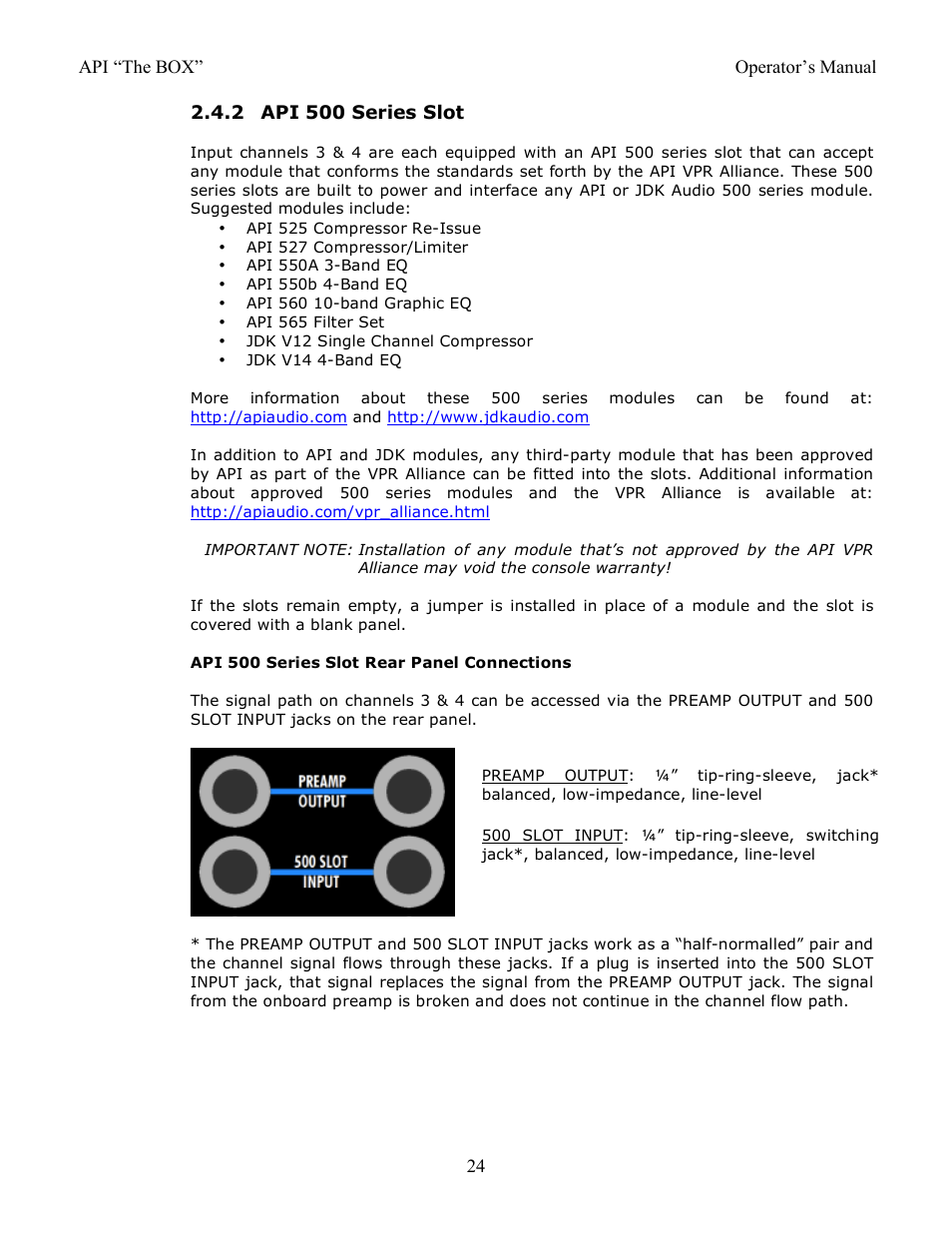 2 api 500 series slot | API Audio THE BOX User Manual | Page 24 / 97