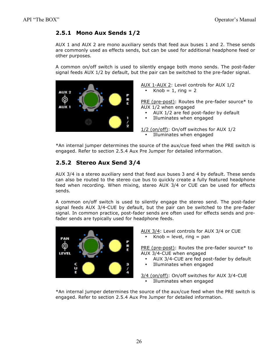 1 mono aux sends 1/2, 2 stereo aux send 3/4 | API Audio THE BOX User Manual | Page 26 / 97