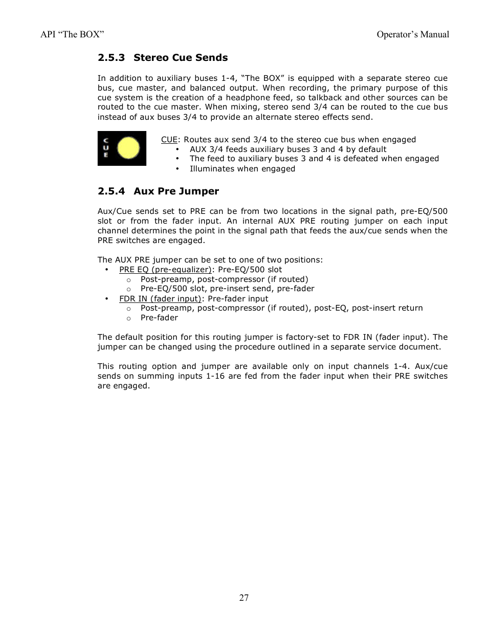 3 stereo cue sends, 4 aux pre jumper | API Audio THE BOX User Manual | Page 27 / 97