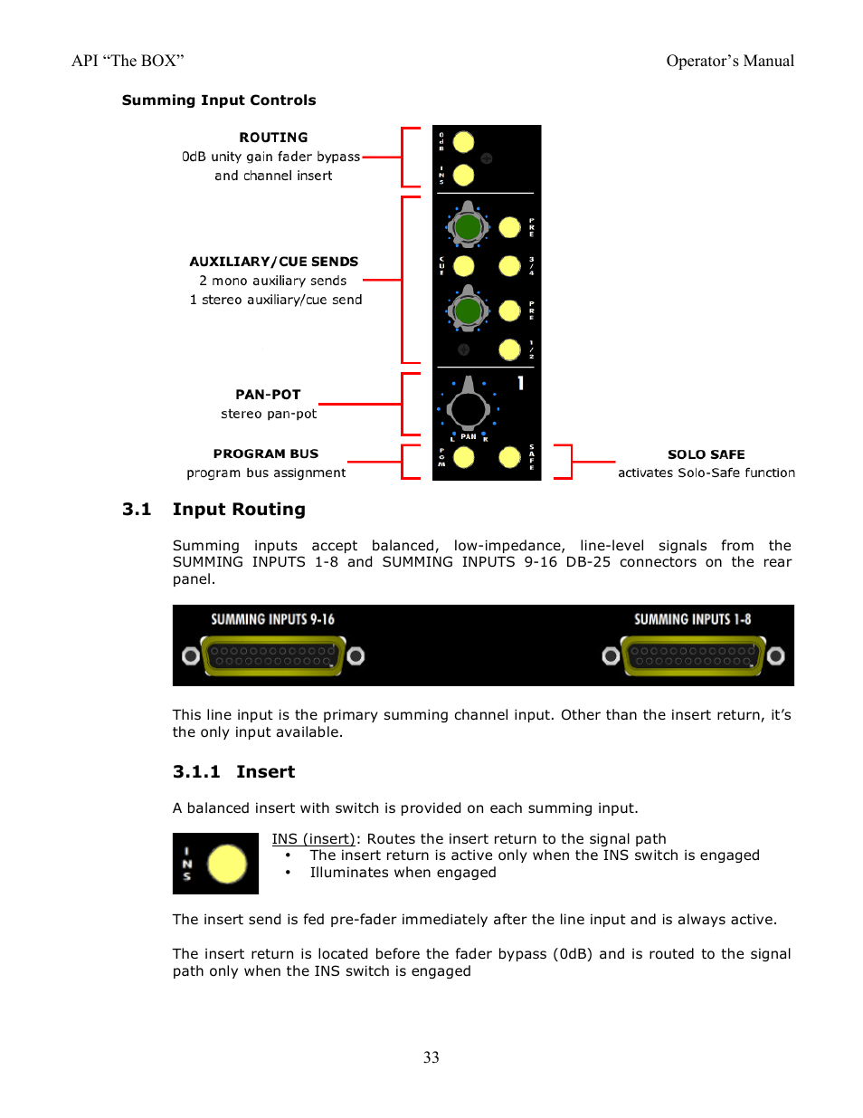 1 input routing, 1 insert | API Audio THE BOX User Manual | Page 33 / 97