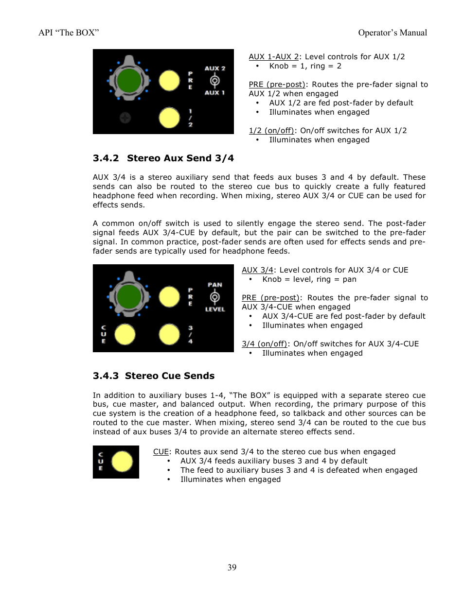 2 stereo aux send 3/4, 3 stereo cue sends | API Audio THE BOX User Manual | Page 39 / 97