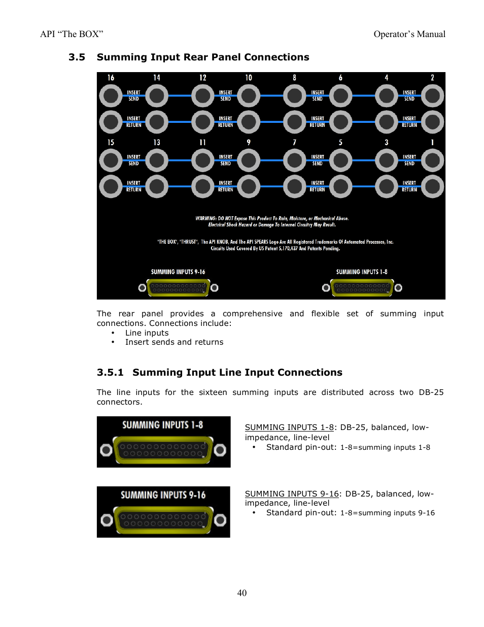 5 summing input rear panel connections, 1 summing input line input connections | API Audio THE BOX User Manual | Page 40 / 97