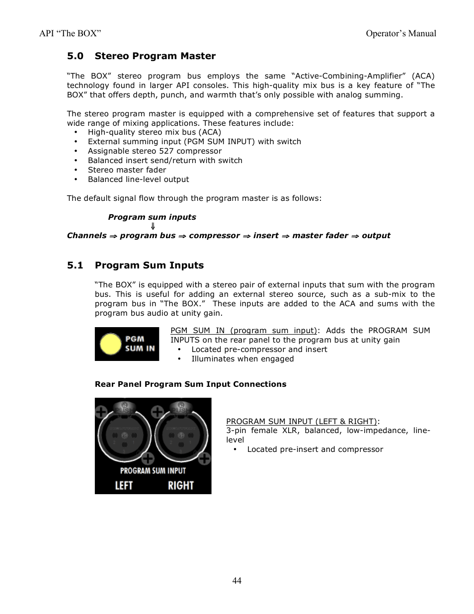 0 stereo program master, 1 program sum inputs | API Audio THE BOX User Manual | Page 44 / 97