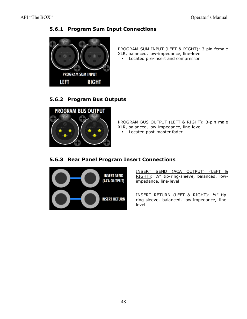 1 program sum input connections, 2 program bus outputs, 3 rear panel program insert connections | API Audio THE BOX User Manual | Page 48 / 97