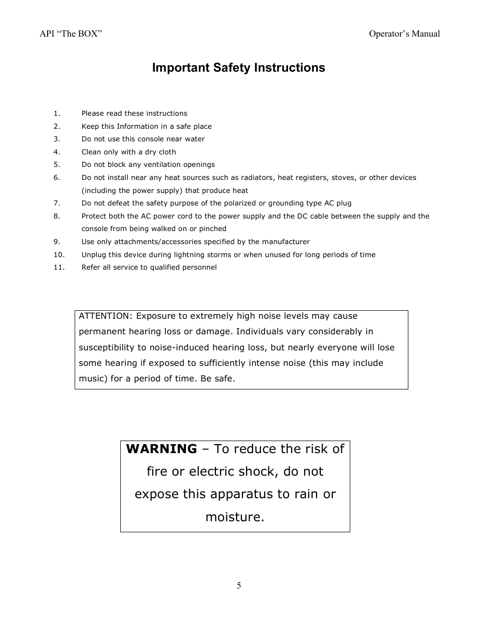 Important safety instructions | API Audio THE BOX User Manual | Page 5 / 97