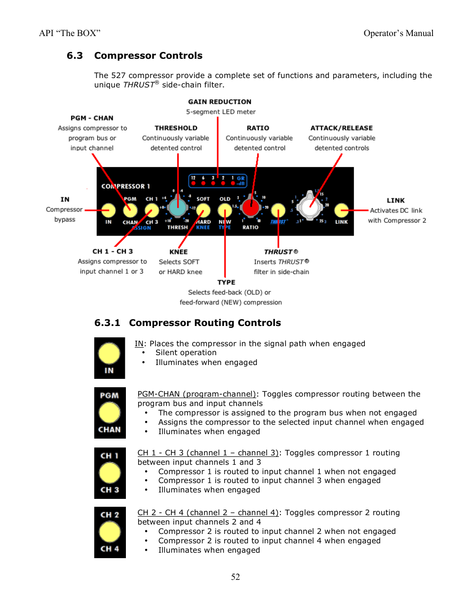 3 compressor controls, 1 compressor routing controls | API Audio THE BOX User Manual | Page 52 / 97