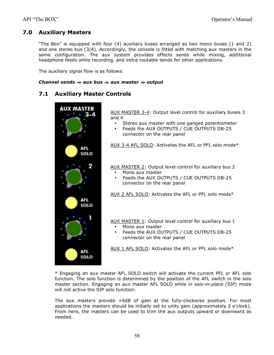0 auxiliary masters, 1 auxiliary master controls | API Audio THE BOX User Manual | Page 58 / 97