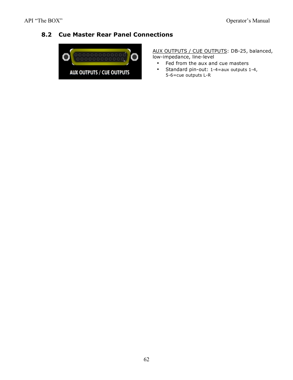 2 cue master rear panel connections | API Audio THE BOX User Manual | Page 62 / 97