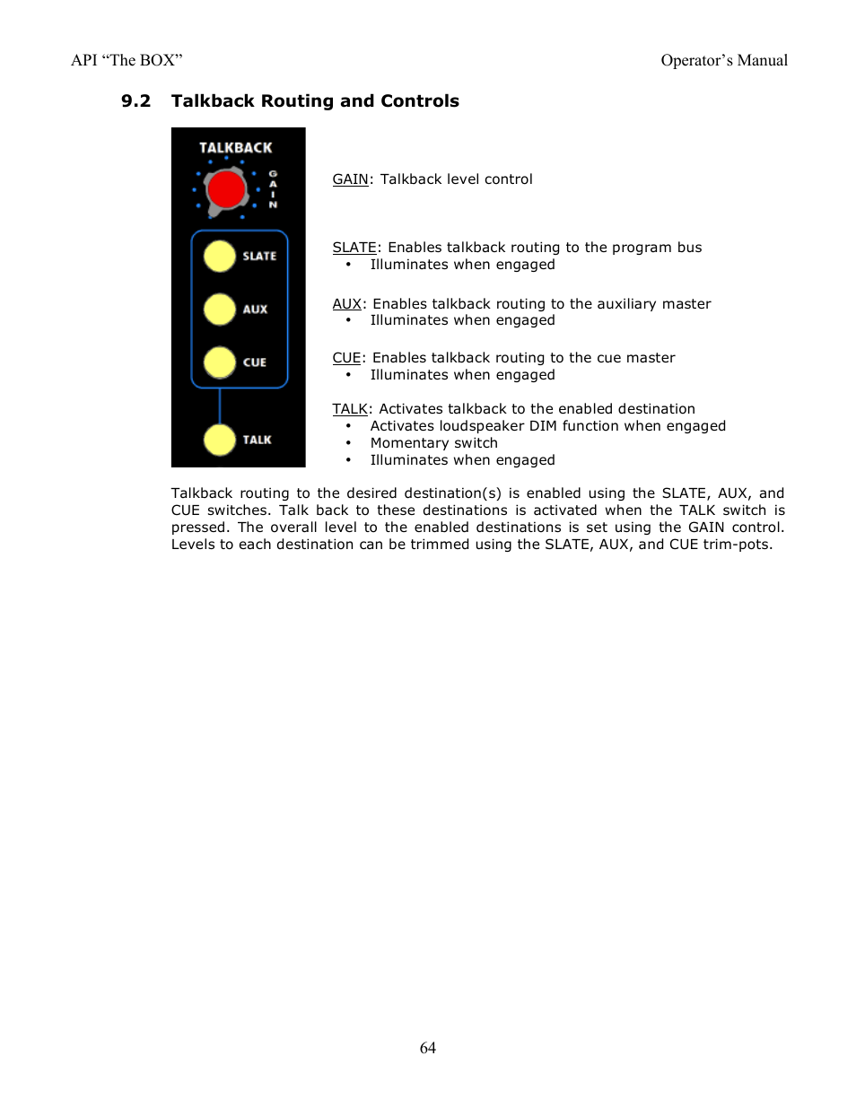 2 talkback routing and controls | API Audio THE BOX User Manual | Page 64 / 97
