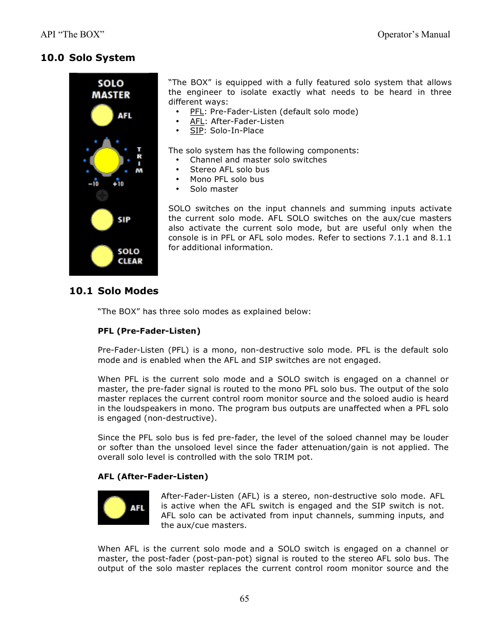 0 solo system, 1 solo modes | API Audio THE BOX User Manual | Page 65 / 97