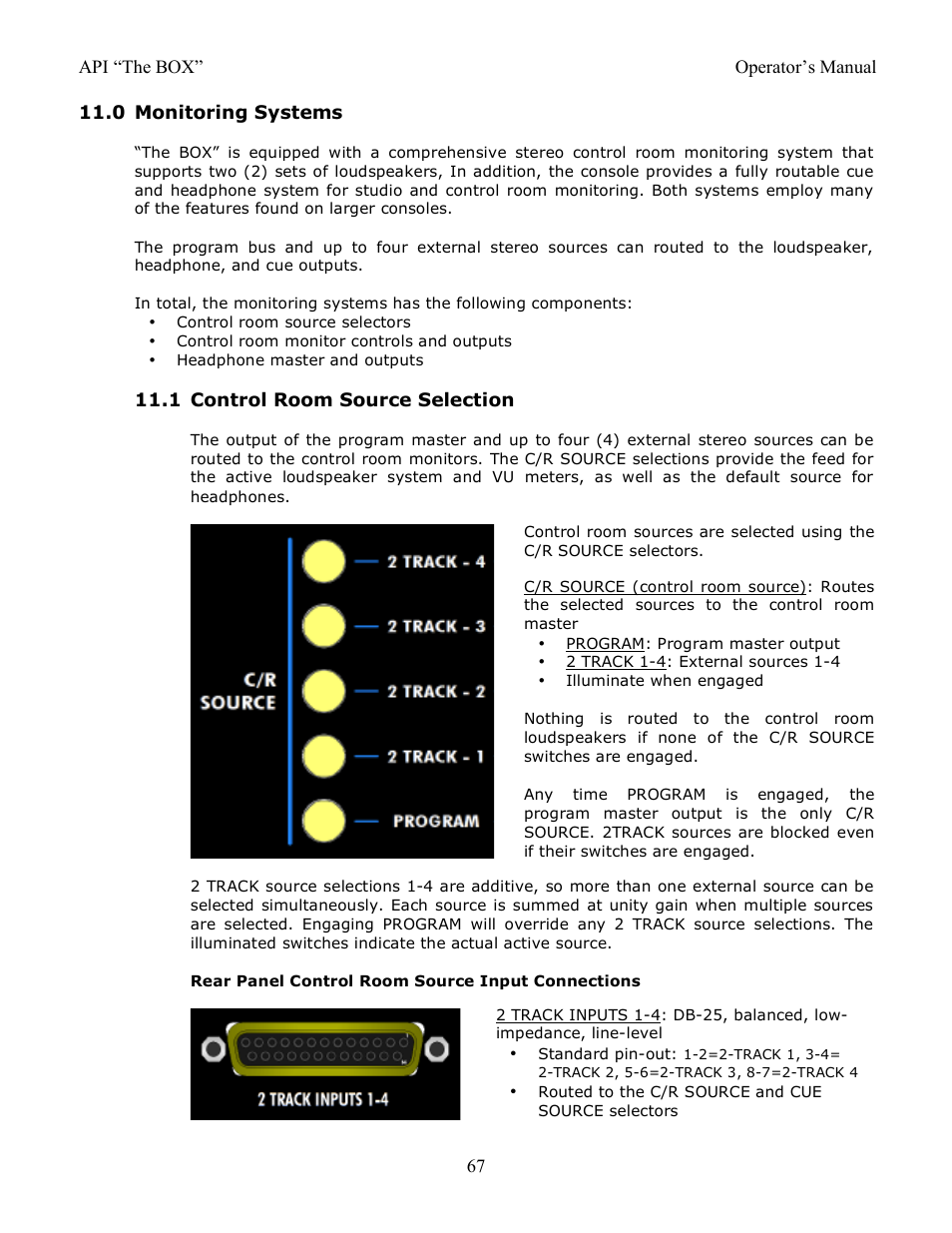 0 monitoring systems, 1 control room source selection | API Audio THE BOX User Manual | Page 67 / 97