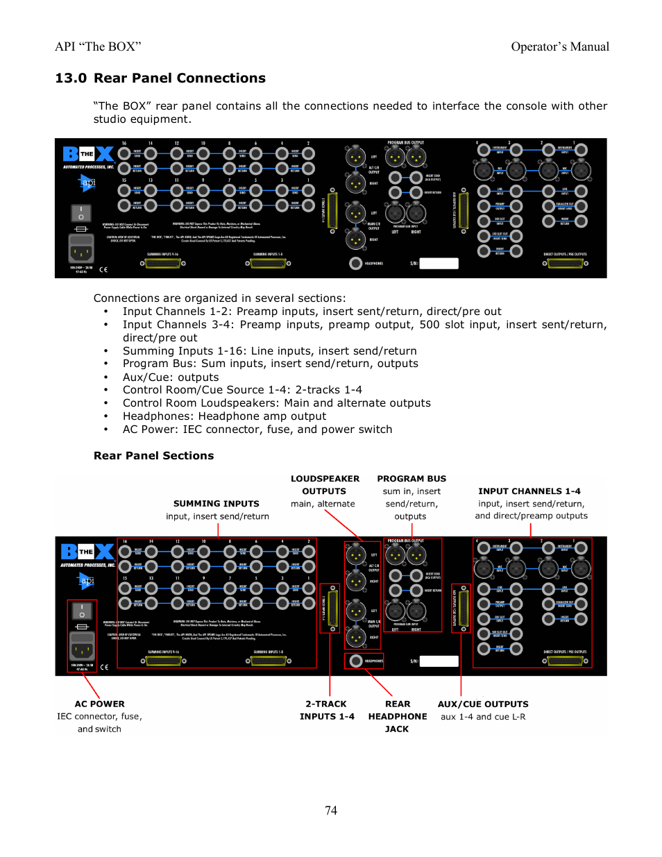 0 rear panel connections | API Audio THE BOX User Manual | Page 74 / 97