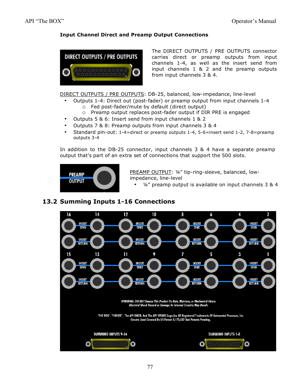 2 summing inputs 1-16 connections | API Audio THE BOX User Manual | Page 77 / 97