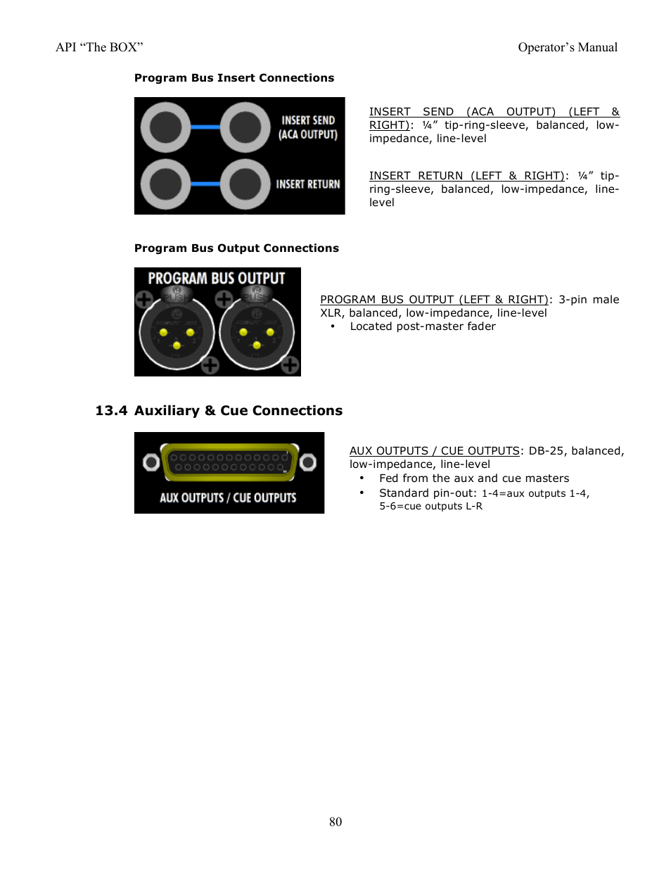 4 auxiliary & cue connections | API Audio THE BOX User Manual | Page 80 / 97
