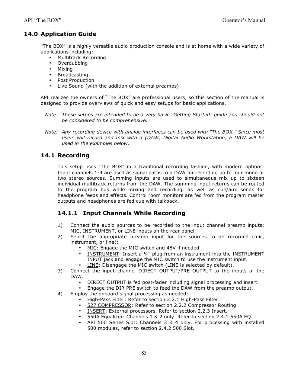 0 application guide, 1 recording, 1 input channels while recording | API Audio THE BOX User Manual | Page 83 / 97