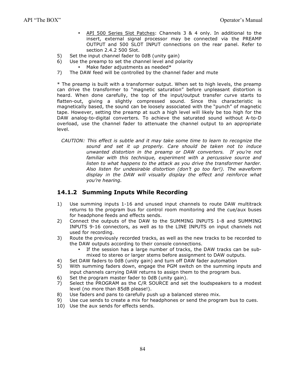2 summing inputs while recording | API Audio THE BOX User Manual | Page 84 / 97