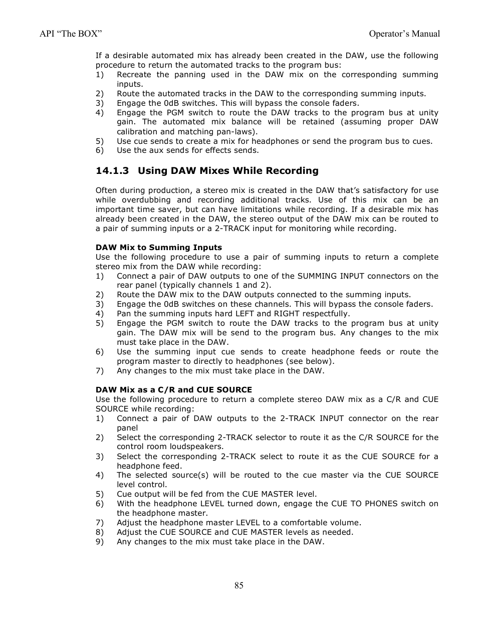 3 using daw mixes while recording | API Audio THE BOX User Manual | Page 85 / 97