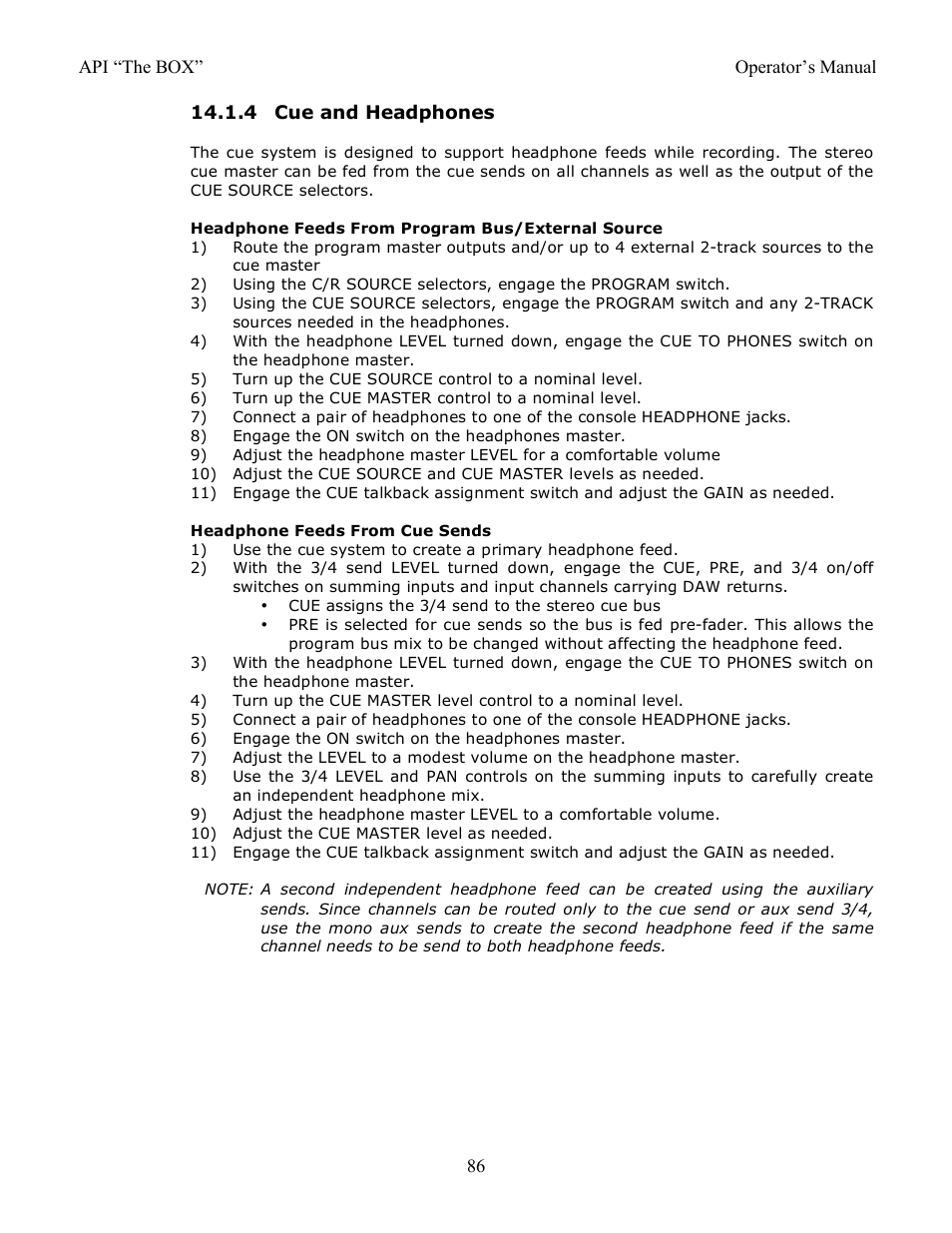 4 cue and headphones | API Audio THE BOX User Manual | Page 86 / 97