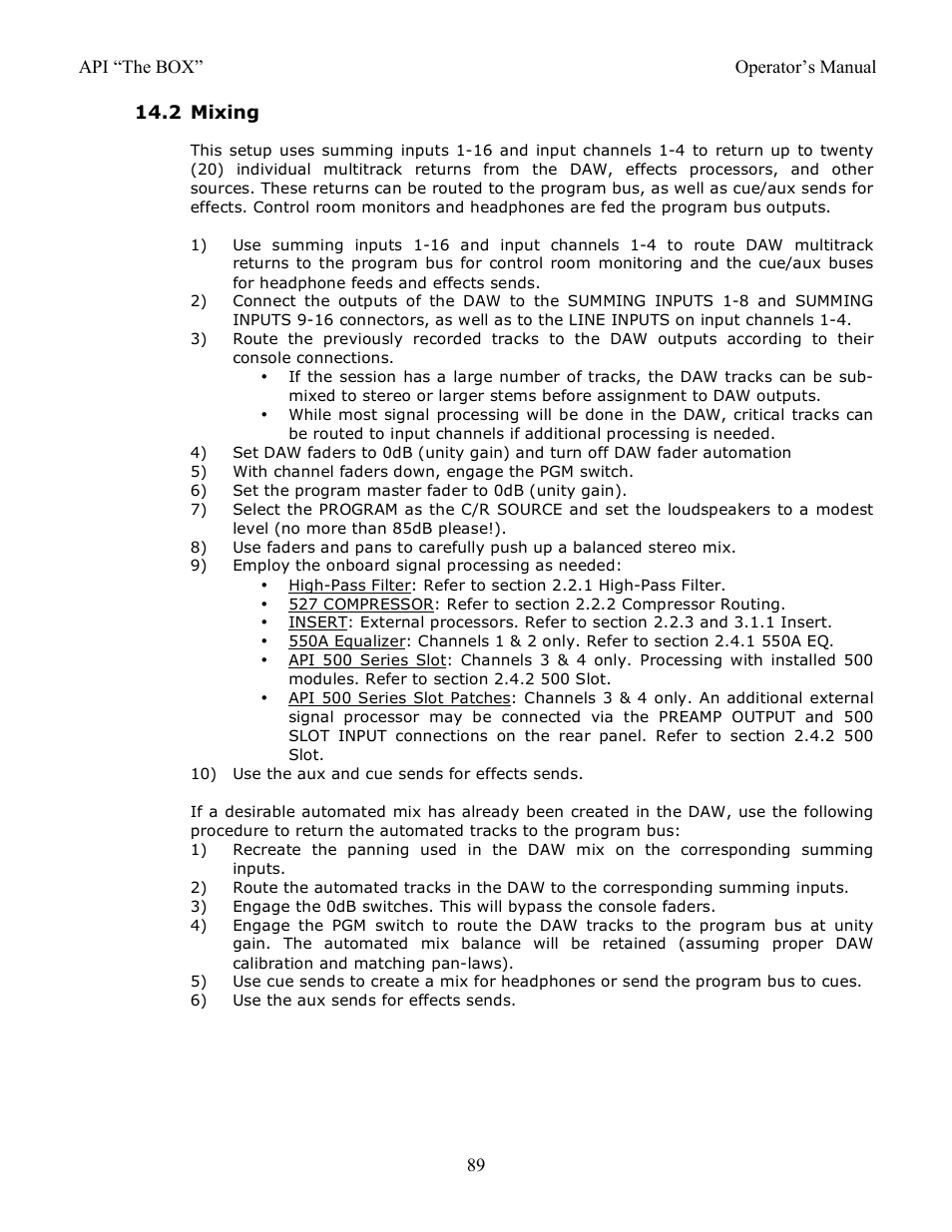 2 mixing | API Audio THE BOX User Manual | Page 89 / 97