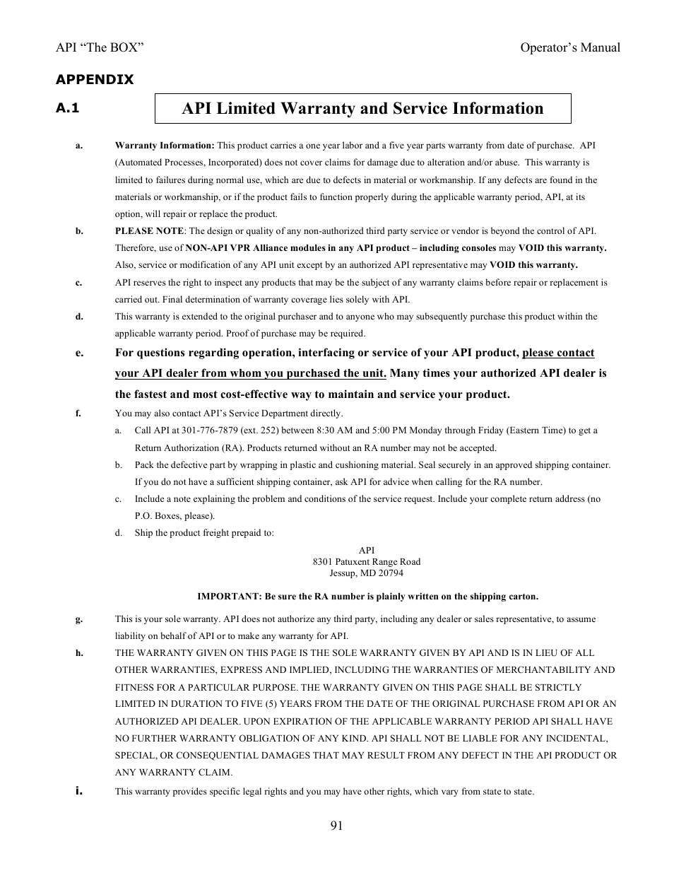 Appendix, A.1 api limited warranty and service information, Api limited warranty and service information | Api “the box” operator’s manual 91 appendix | API Audio THE BOX User Manual | Page 91 / 97