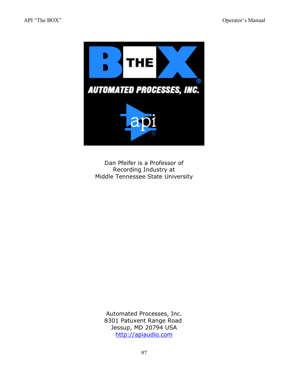 Api “the box | API Audio THE BOX User Manual | Page 97 / 97