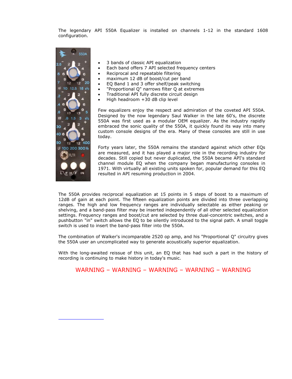 Warning – warning – warning – warning – warning | API Audio 1608 Recording Console User Manual | Page 17 / 66