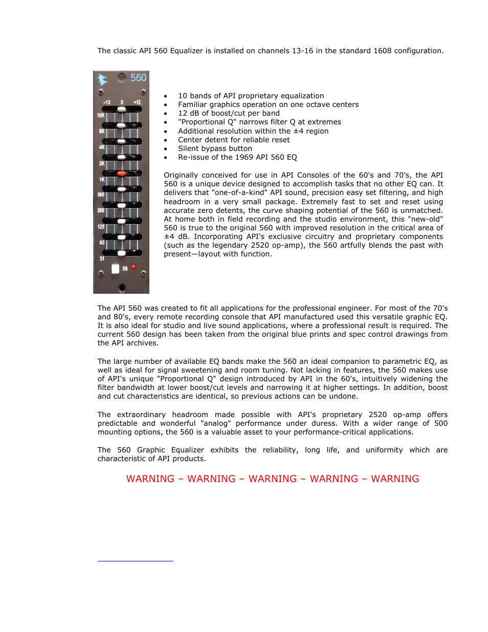 Warning – warning – warning – warning – warning | API Audio 1608 Recording Console User Manual | Page 18 / 66
