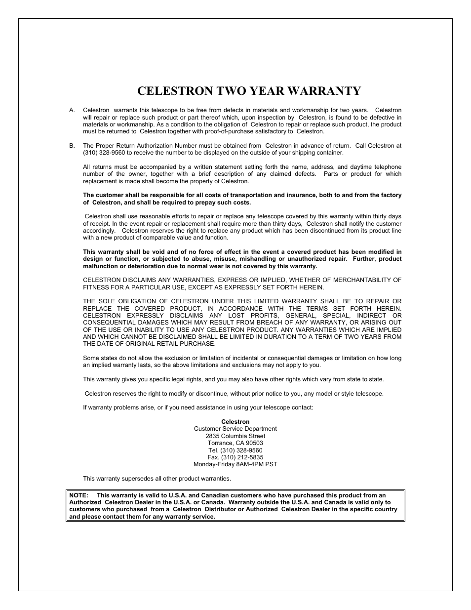 Celestron two year warranty | Celestron NexStar 8i User Manual | Page 64 / 65