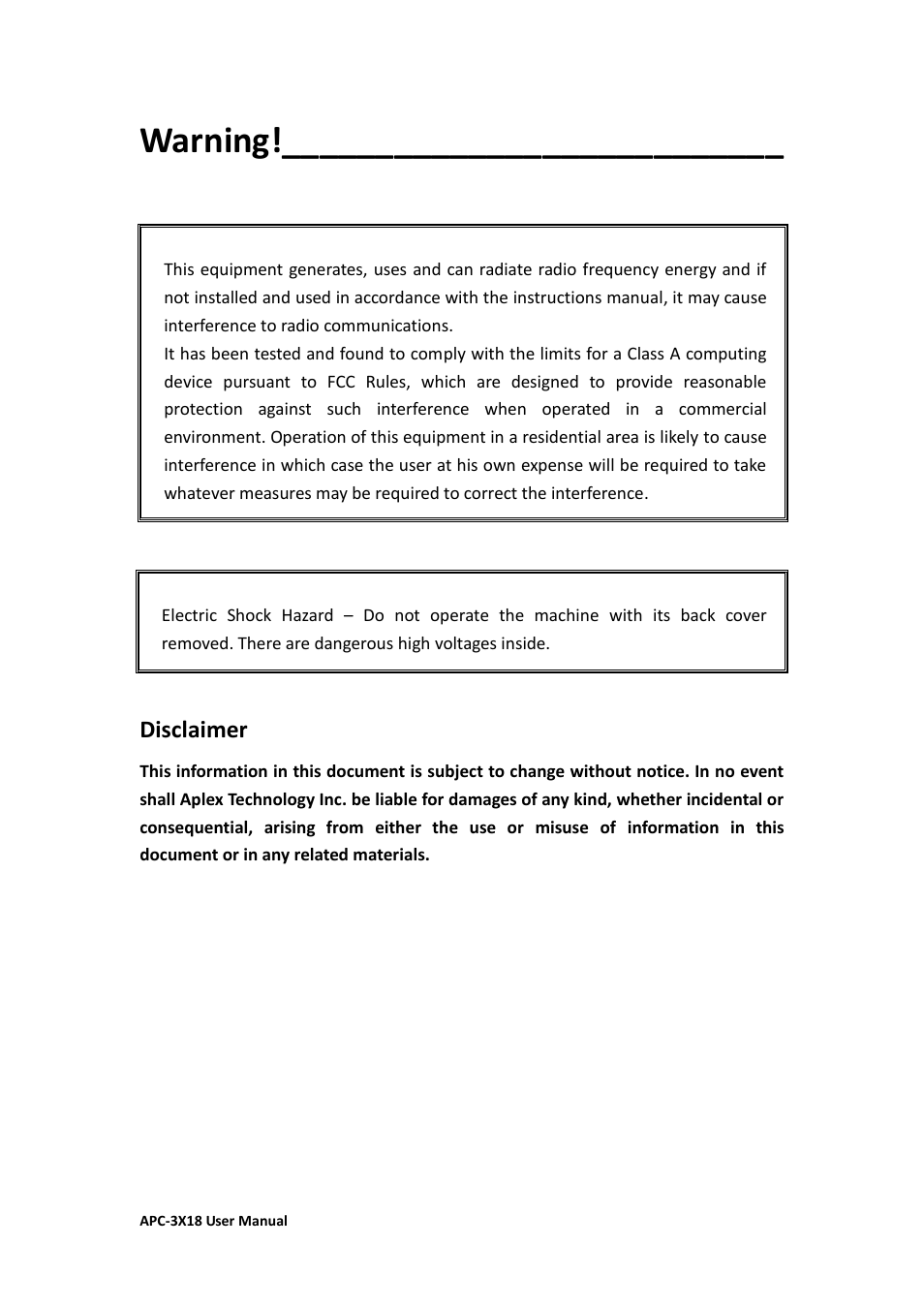 Warning, Disclaimer | Aplex Technology APC-3218 User Manual | Page 3 / 102