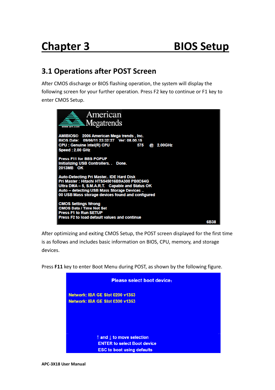 Chapter 3 bios setup, 1 operations after post screen | Aplex Technology APC-3218 User Manual | Page 46 / 102